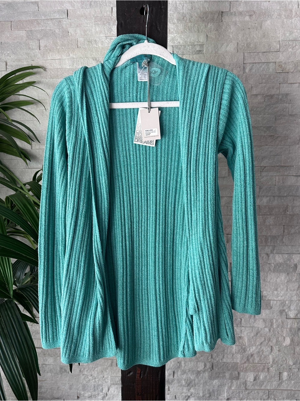 Barefoot Dreams Open-Front Ribbed Hooded Cardigan Turquoise Sweater Size XS New